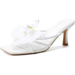Women's White Floral Kitten Heels Square Open Toe Flower Mule Mid Heels Sandals